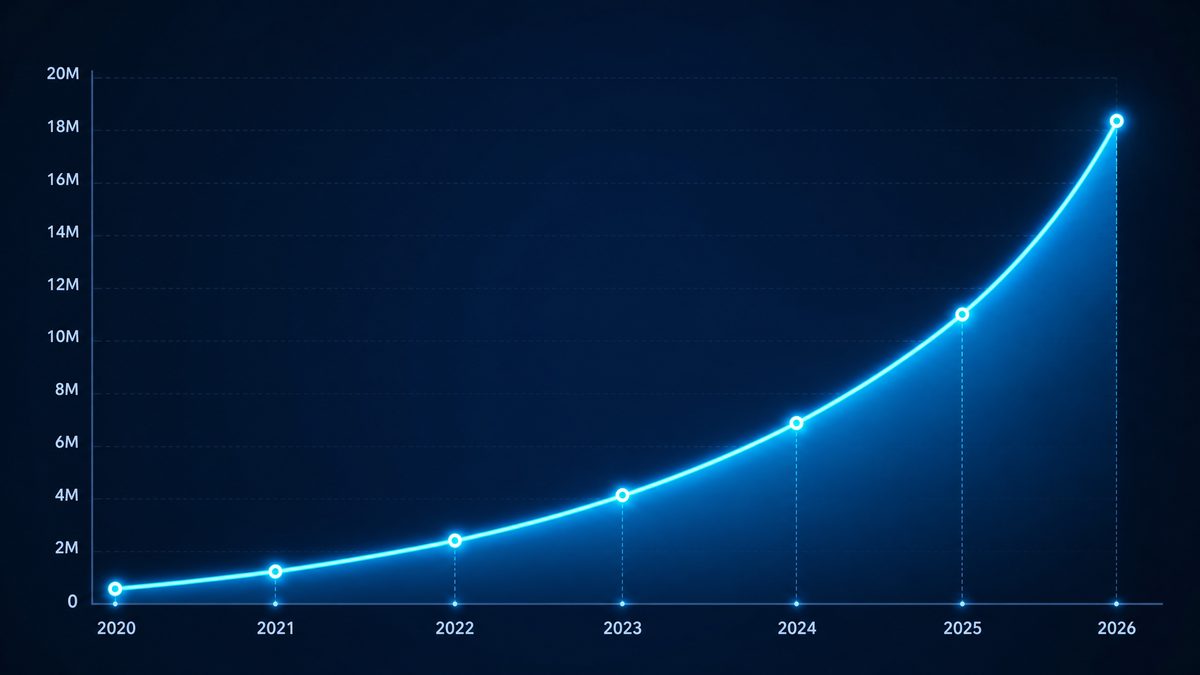 黄色动漫用户增长数据图表,展示2020-2026年注册用户从50万增长至1800万的趋势